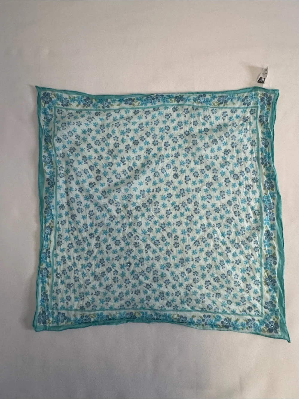 Vintage GAP Made in Italy Cotton Scarf Bandana Blue Floral w Rhinestone/Sparkle